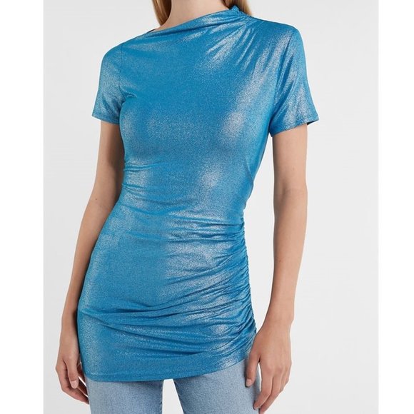 Electric "Mykonos Blue" Asymmetrical Ruched Tunic Top XS *BRAND NEW* - Picture 1 of 15